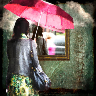 Into the Future | Original digital composite of a painted woman looking through the window at herself in the real world