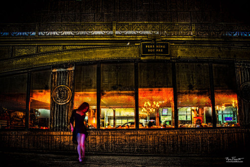 Pershing Square | An original photo by Ric Faust with a model outside Pershing Square restaurant