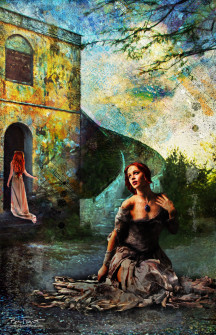 Outside the Castle | Digital artwork outside of a castle. One woman is kneeling in front as another walks into the building