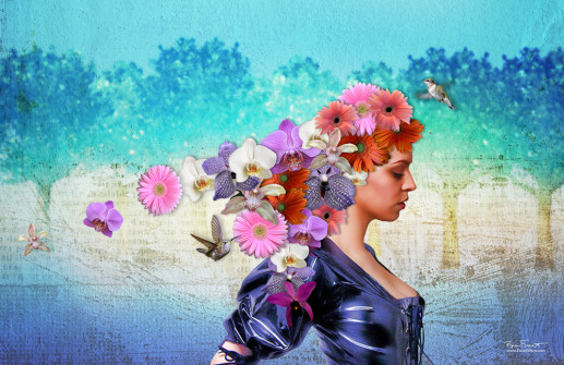 Thoughts Bursting | A surreal composite of a woman whose thoughts have become flowers bursting from her mind.