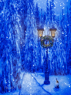 Winter Pathway | Digital composite artwork of a snowy path and a bunny sitting under a light post