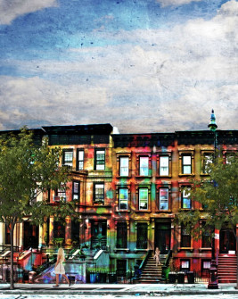 Summer in the City | Digital composite artwork of brownstone row houses with a woman walking by and another sitting on the front steps.